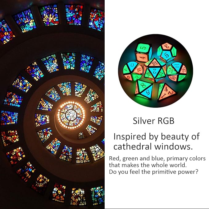 Haxtec Glow in The Dark Glowing Blue Red Green Silver Metal Dice Set D&D 7PCS DND Dice Set for Dungeons and Dragons RPG Games-Silver Glowing Blue Green Red