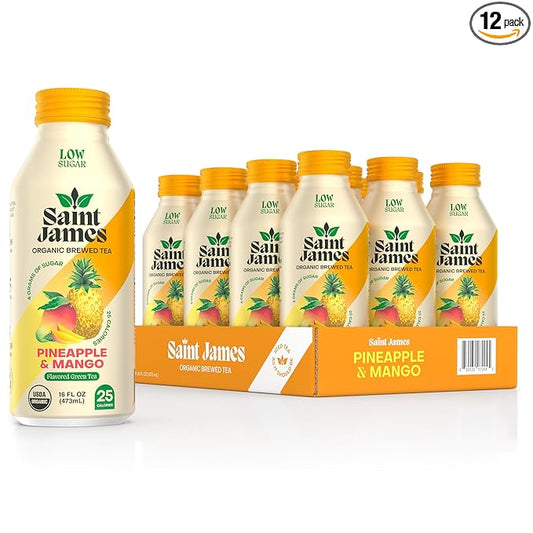 Saint James Iced Tea - Organic Green Tea - Non GMO, Gluten Free, Low Calorie & Low Sugar - Pineapple & Mango, 12 Pack (16 fl oz each)