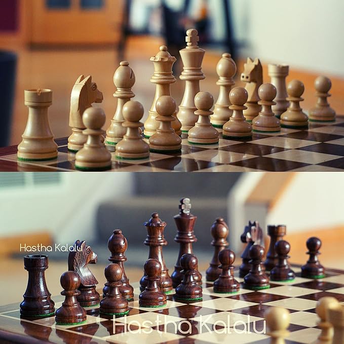 Hastha Kalalu | Tournament Series Staunton Style Chess Pieces Only Chess Set, German Knight Luxury Wooden Chess Set, Hand Carved Weighted Chess Pieces (Rosewood: Boxwood, 3 Inches)