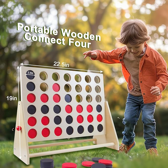 GOTHINK Giant Wooden Four in a Row 1.9Ft Board Games for Family Night Toy Gifts - 4 in a Row Game Set with 42 Coins for Kids & Adults Birthday Party Games & Holiday Indoor/Ourdoor Activity