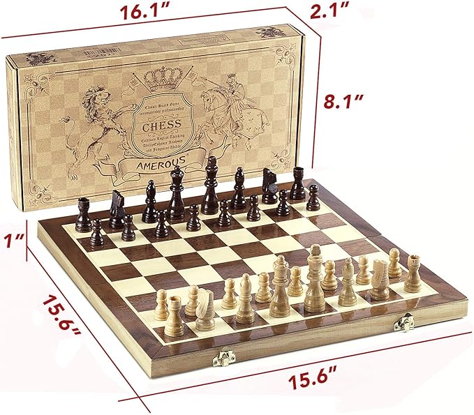 AMEROUS Chess Set, 15"x15" Folding Magnetic Wooden Standard Chess Game Board Set with Wooden Crafted Pieces and Chessmen Storage Slots