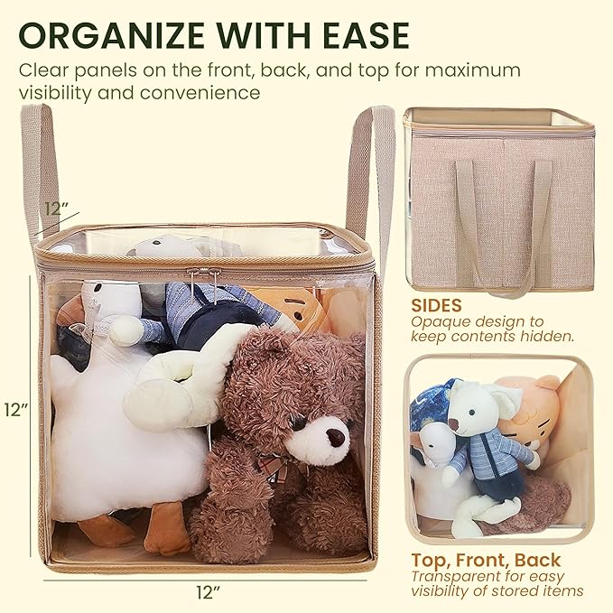holay 2 Pack Storage Bins PVC Boxes with Transparent Lid & Handles - Durable & Foldable - Multi-Purpose Organizer for Clothes, Books, and More (Brown, Large)