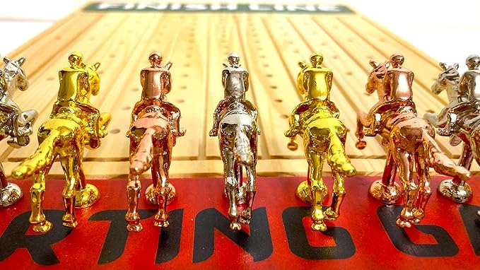 Horse Racing Game for Adults With 11 Luxurious Metal Horses (Silver, Black, Rose Gold), 22" Pine Wood Race Game Board, Dice & Card Included (Log Color3)