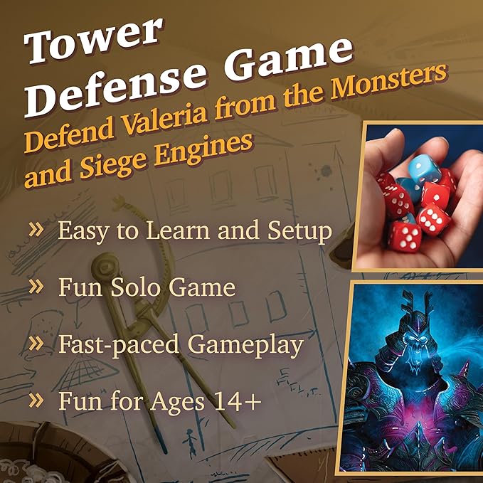 Siege of Valeria Board Game - Tower Defense Solo Board Game with Dice Rolling and Combo Cards. Single Player Fun with Fast Paced Gameplay