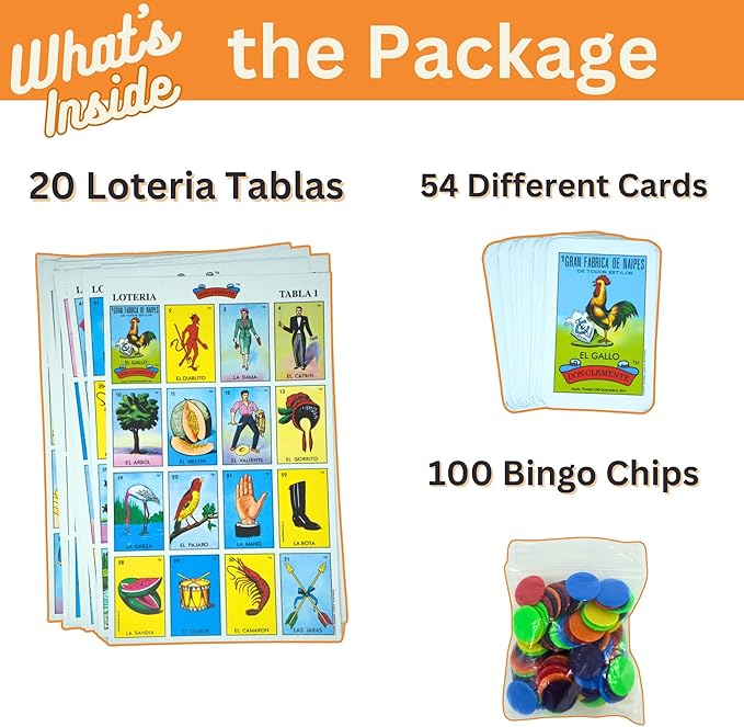 Premium Lotería Mexican Bingo Game Set - Complete with 100 Bingo Chips for 20 Players - Authentic Lotería de Lujo Mexicana - Colorful Loteria Cards (Jumbo + 100 Chips)