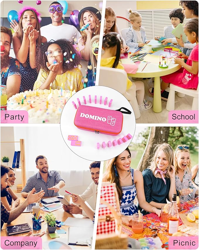 KAILE Double 6 Jumbo Dominoes 28 Tiles Classic Board Games for Kids and Adults with 4 Racks and Bag (Pink)