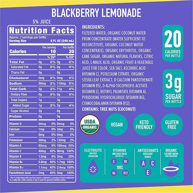 ROAR Complete Hydration Organic - Electrolyte Drinks Loaded with Vitamins C, B5, B12 - Non-GMO, Gluten-Free - Blackberry Lemonade - 12 pc