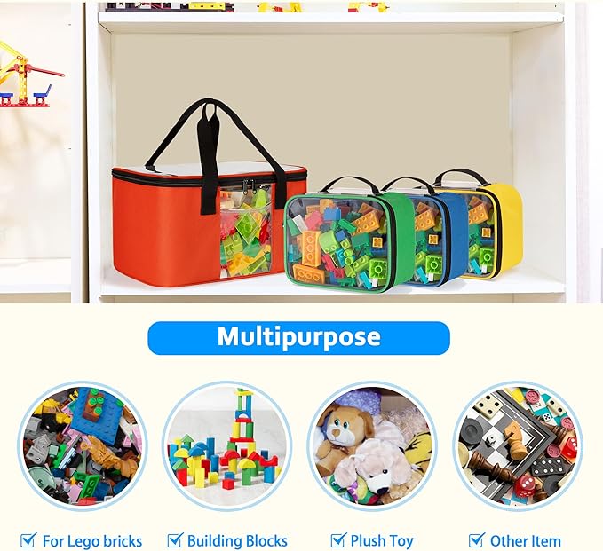 Large Toy Storage Organizer with 3 Small Zipper Bags Compatible with Lego Bricks, Travel Organizer Case for Building Blocks, Car Toy, Dolls, Crafts, Magnetic Toys, Board Game Storage Case