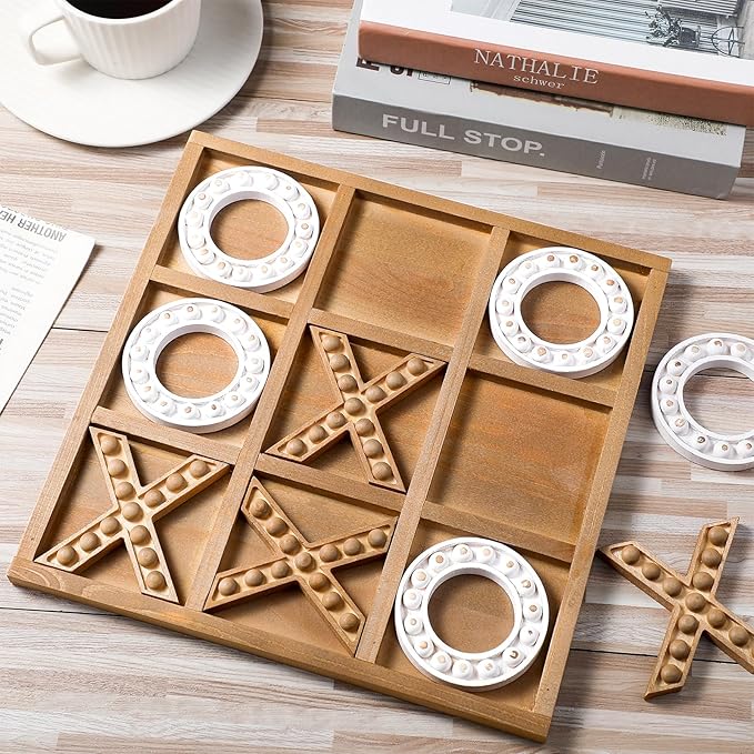 Tic Tac Toe Game 10.6 Inch Rustic Wood Board Game Coffee Table Games Tic Tac Toe Table Decor for Family Adults Travel Outdoor