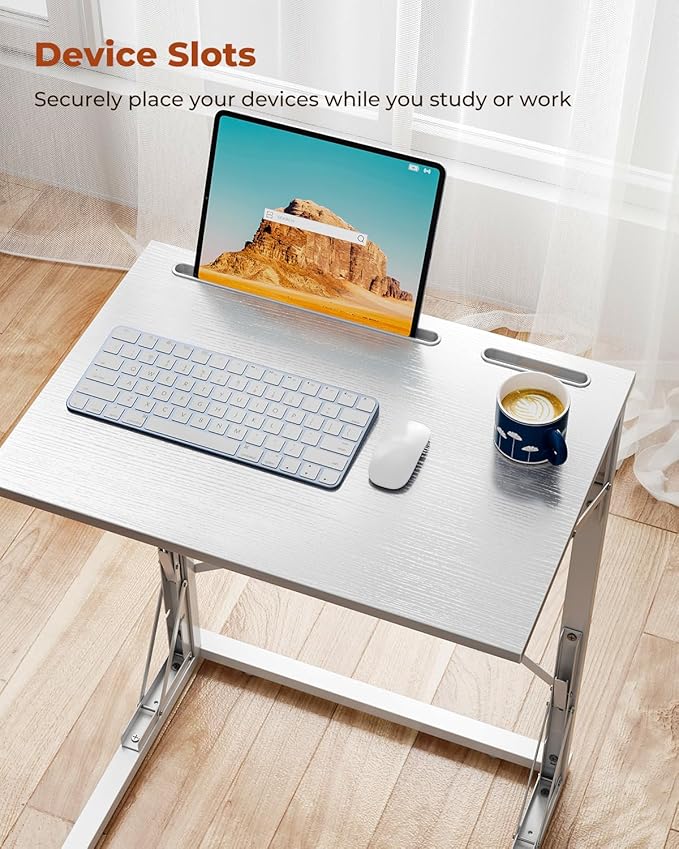 21''Wx28''H Folding TV Tray for Eating, Small Foldable C-Shaped Tray Table with Tablet and Phone Slots, Slide Under Couch Side Table for Recliner, Living Room, Bedroom, White