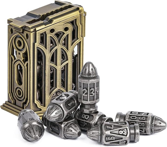 UDIXI Metal DND Dice Set, 7-Die Bullet Polyhedral Dice Set Cool Style with Unique Container for D&D, Role Playing Game or Other Tabletop Games（Silver）