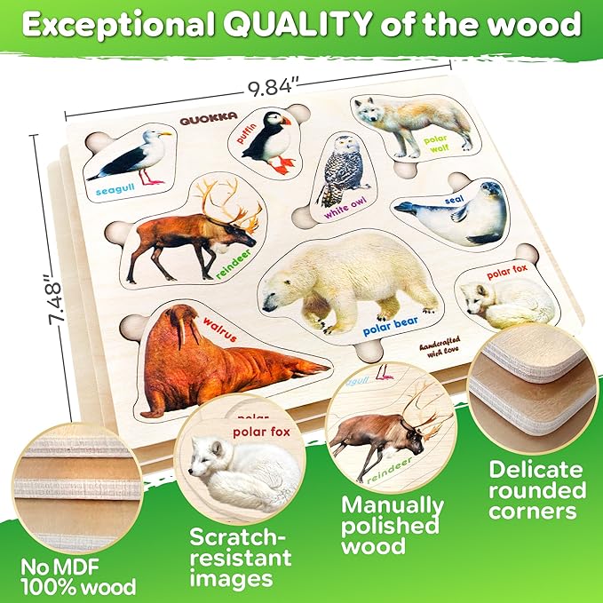 QUOKKA Wooden Puzzles for Toddlers 1-3 – 3xSET Kids Puzzles Ages 2-4 – Montessori Toy Puzzle for Toddlers 3-5 – Wood Toy Learning Realistic Insects - Arctic Animals - Birds for Boy and Girl