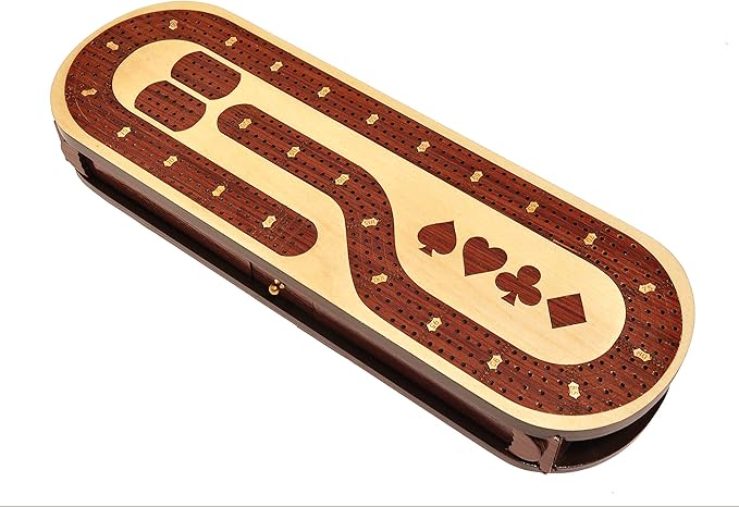 PALM ROYAL HANDICRAFTS 4 Track Wooden Cribbage Board Set Inlaid in Rose Wood and Maple Wood with pegs and Cards. Storage Available. 4 Player Cribbage Board (15 x 5 Inches)