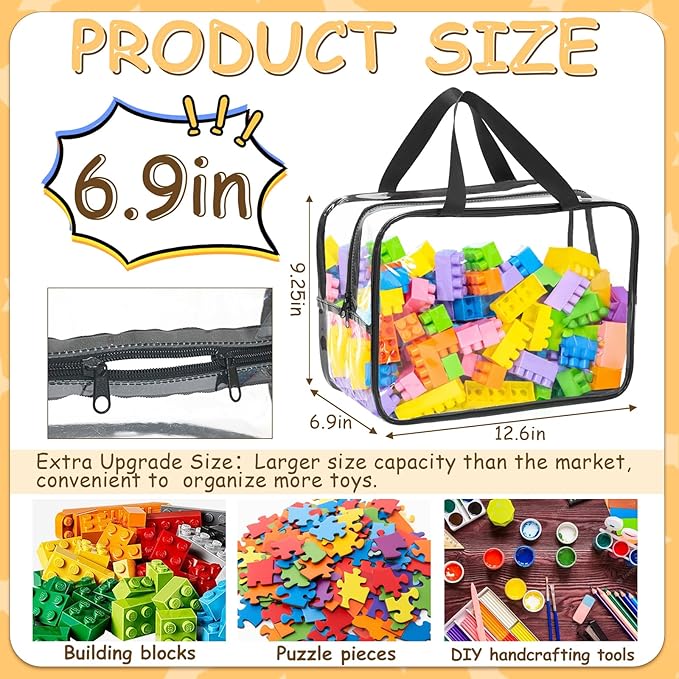 6 Packs Extra Large Toy Storage Bags,12.6 * 9.25 * 6.9 IN Clear Waterproof Toy Organizer Bags with Labels, Dual Zippers and Portable Handheld Design, Board Game Storage for Building Blocks, Puzzle