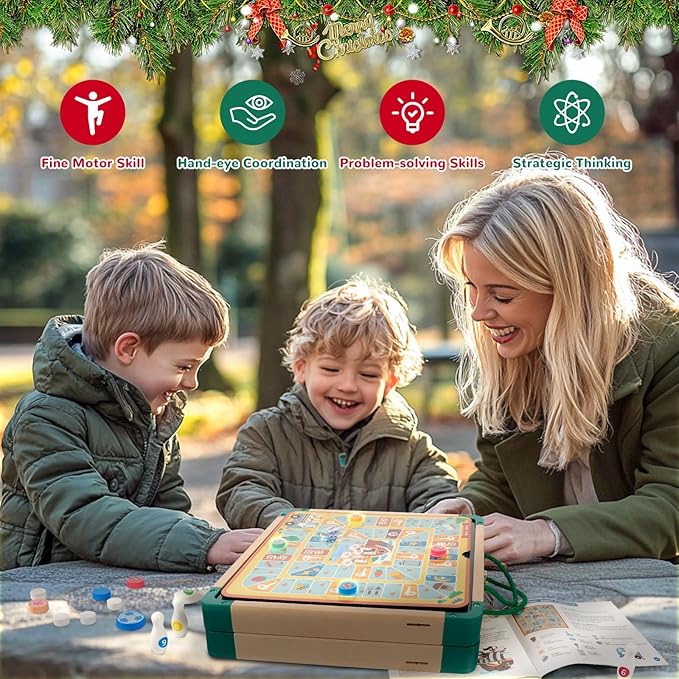 14-in-1 Wooden Fast Foldable Sling Puck Set for Kids and Adults, Multi-Game Combo with Snakes and Ladders, Bowling and More, Portable Travel Games Set, Interactive Families Toys