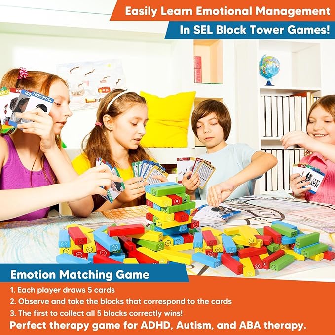 Garybank Emotion Tower Social Emotional Learning Activities for Kids, Sel Feelings Games W/56 Emotion Cards, Play Therapy Social Skills Board Game for Kid Age 6+, School Counselors Gifts