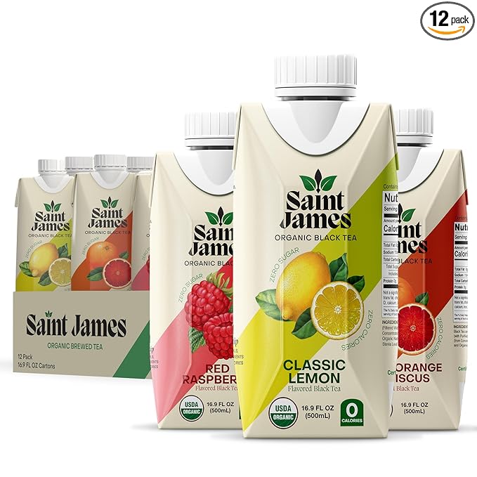 Saint James Iced Tea - Organic Black Tea - Non GMO, Gluten Free, Zero Calorie & Zero Sugar - Variety Black Tea Flavors, 12 Pack (16.9 fl oz each)