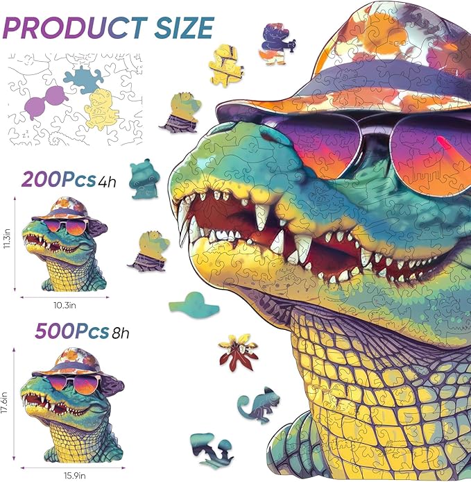 Wooden Puzzles for Adults, Glasses Crocodile Jigsaw Puzzles 200 Pieces Animal Unique Shaped Wood Cut Puzzle Gifts for Adults and Kids, Family Puzzle Games, Medium Size