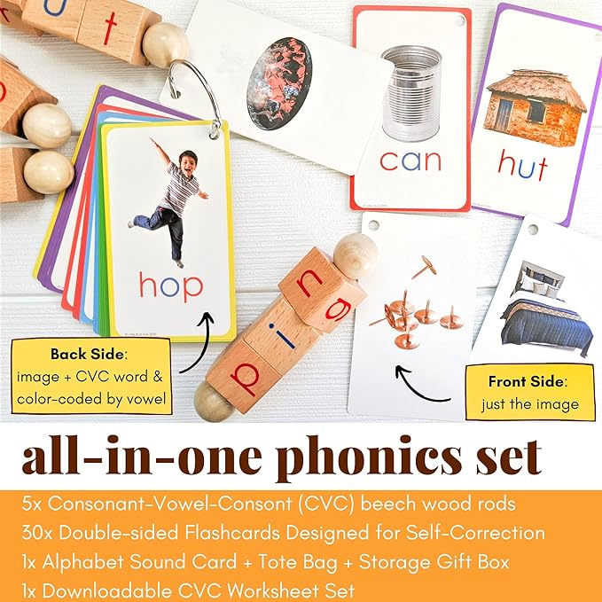 LITTLE BUD KIDS Spin-and-Read Montessori Phonetic Reading Blocks with CVC Phonics Flashcards for Beginner Readers, Montessori Reading Wooden Toys for 3 Years +