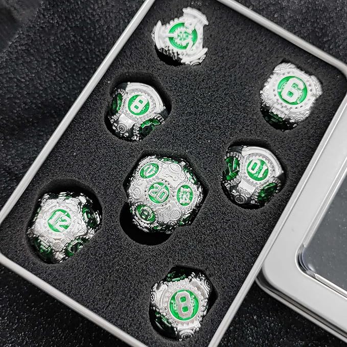 Geakeeper Construct D&D Dice, Metal DND Dice Set, 7Pcs Polyhedral Dragon Metallic D&D Dice with Gift Case for Dungeons and Dragon Game, RPG Role Playing Table Game Gifts (Green Silver)