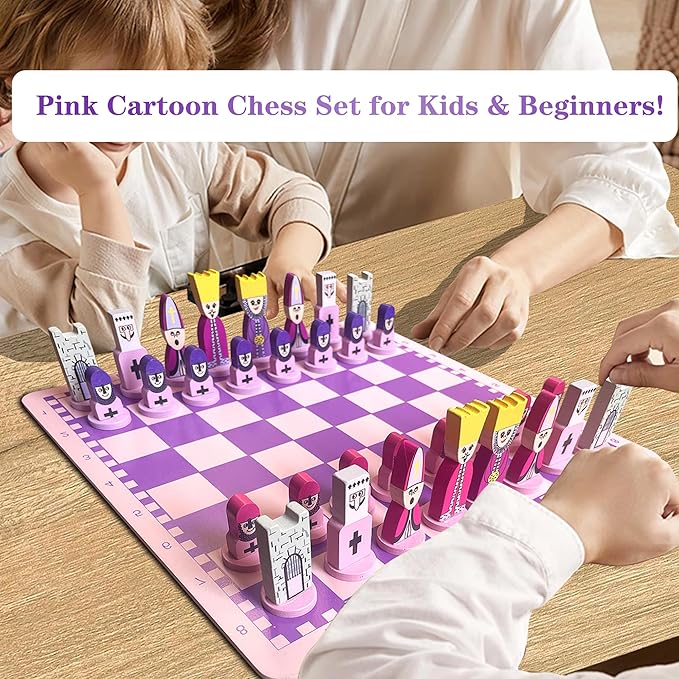 Cartoon Chess Set for Kids: 11.8" Unique Chess Board for Kids & Beginners - Pink Wooden Board Games Educational Toy for Adults Toddlers Family School Fun