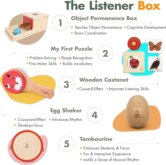 Montessori Toy Set 7-8 Months Infant Toys - Object Permanence Box, Baby Led Weaning, Feeding Set, Wooden Sensory Musical Instruments, Puzzle, Board Book, Flash Cards, Gifts Basket