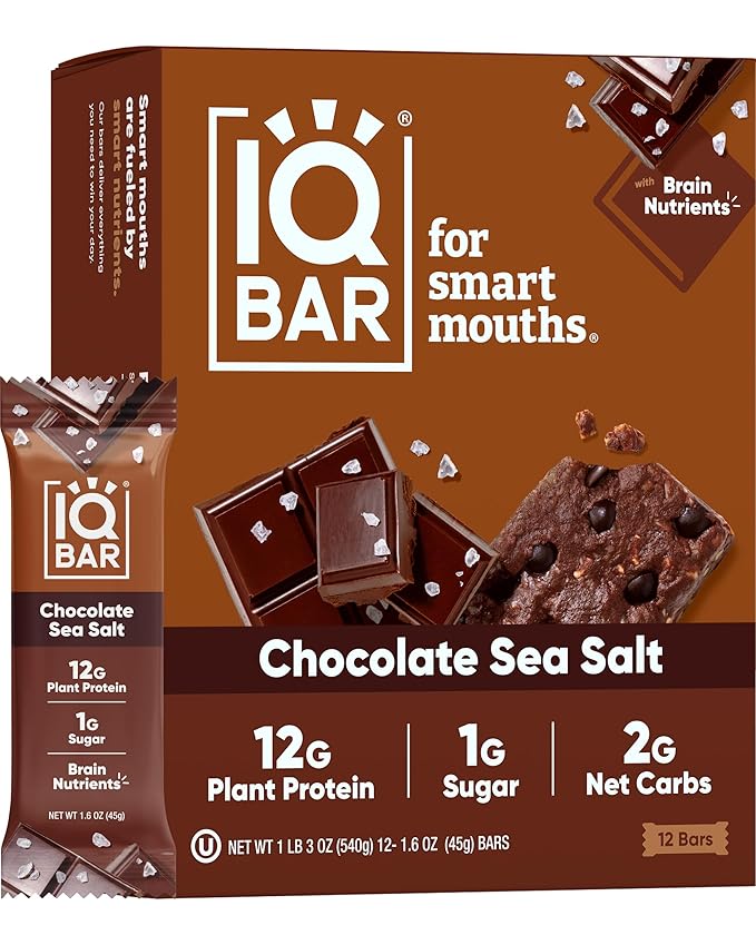 IQBAR Brain and Body Plant Protein Bars - Chocolate Sea Salt - 12-Count Low Carb - Gluten Free, High Fiber, Vegan Snacks - Low Sugar Meal Replacement