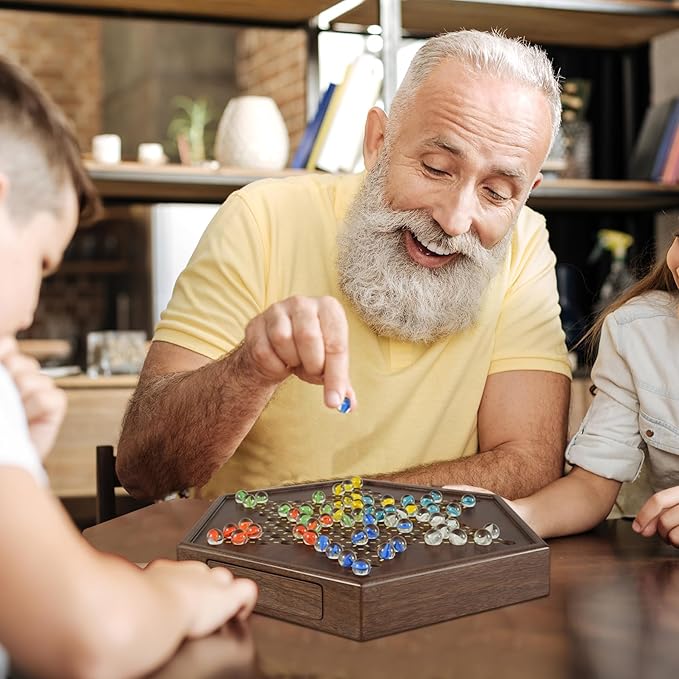 Chinese Checkers Set, 15 Inch Wooden Checkers Board Game with 60+12 Colorful Glass Marbles Fun Family Chinese Checkers Game for 2-6 Players