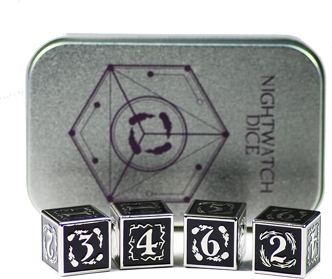 Metal Dice Set Collection for DND and All TRPG Games (Nightwatch, Silver 4D6)