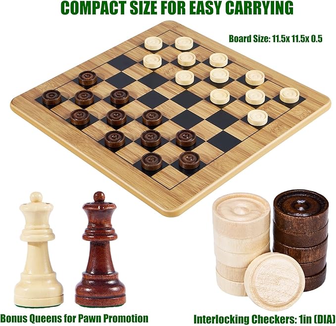 VAMSLOVE Wooden Chess Checkers Tic-Tac-Toe Game Set 11.5" x 11.5" Double-Sided 3 in 1 Board with 34 Chess Pieces - 2 Extra Queens - 24 Interlocking Checkers - Storage Bag - Instructions