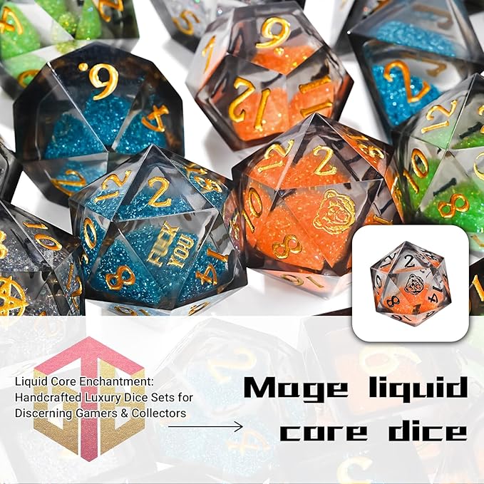 DND Dice Set - Handcrafted Liquid Core Sharp Edge 7-Die Resin Dice with Colorful Quicksand Effect，for DND, RPG, MTG, Tabletop Games（BLBZE BEHR Soul）
