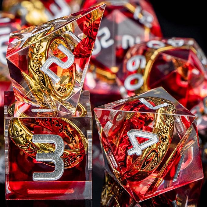 Magic Golden Ring DND Dice Set Sharp Edge Red Resin Dice with Box, for Use with D&D RPG Role Playing Games, Lord D and D Polyhedral Dice Set