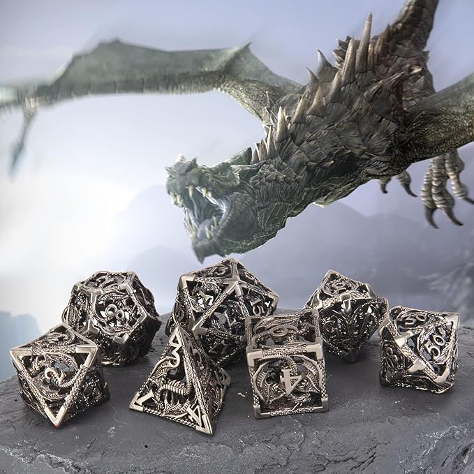 DND Dice,Hollow D&D Metal Dice,Dungeons and Dragons Dice Set with Gift Box,7 PCs Steampunk Polyhedral Dice Games Set for RPG,MTG,Pathfinder,(Dragon Ancient Silver)