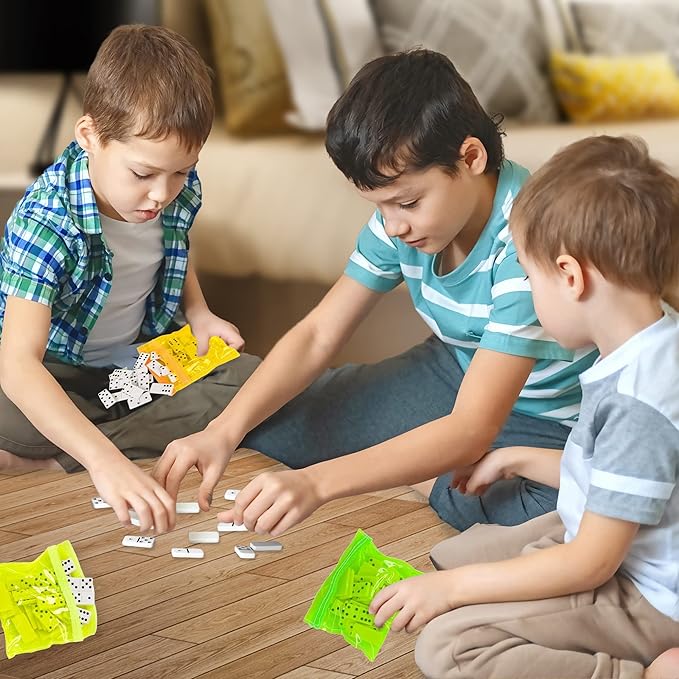 ArtCreativity Domino Game Set - Pack of 12 - Each Domino Set Includes 28 Pieces Per Neon Pink, Yellow, Green and Orange Bags - Great School, Carnival Prizes - Awesome Party Favor - Fun Game for Kids