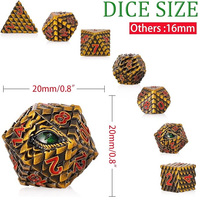 Metal Dice Set D&D,7 PCS Dragon Scale Metallic DND Dice Set,Dragon Eye Metal Dice with Gift Metal Box for Dungeons and Dragon Tabletop Game (Yellow Dragon Scale & Green Eye)