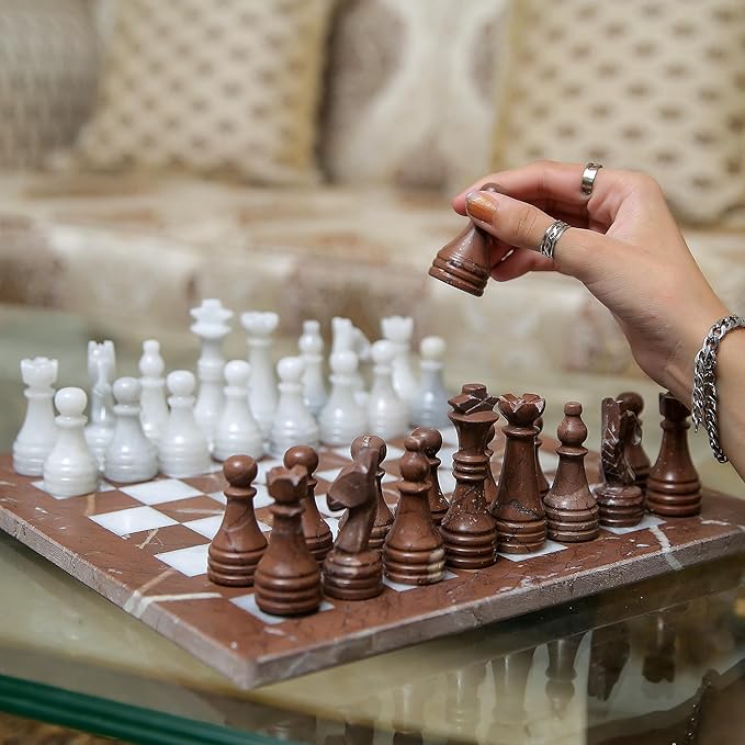 Handmade Marble Chess Set - Marina & White Ziarat (12 x 12 Inches) - Chess Sets for Adults - Premium Quality Chess Boards - Fancy Chess Boards