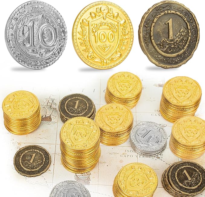Byhoo 50 PCS Metal DND Coins, 1.2" Gold Silver Copper Tokens with Face Value for Board Game and Tabletop RPG, Fantasy Metal Coins for Pathfinder,Pirate Game Party Cosplay