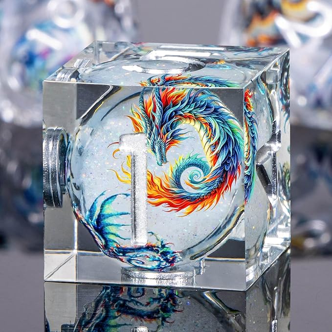 Dragon Pattern Liquid Core DND Dice Set, 7Pcs Sharp Edge D&D Dice with Gift Box, White Resin Dungeons Dragons D and D Role Playing Dice D20 D12 D10 D8 D6 D4
