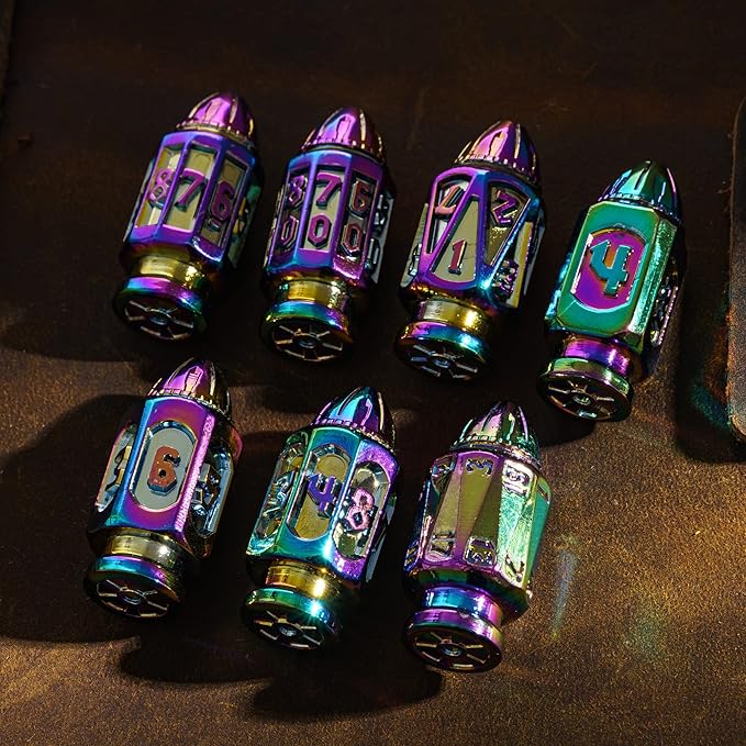 UDIXI Metal DND Bullet Dice Set with Unique Container, 7-Die Polyhedral Dice Set Cool Style for D&D, Role Playing Game or Other Tabletop Games（Colorful）