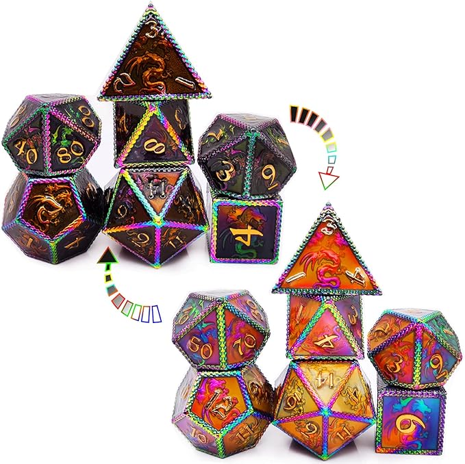 HAOMEJA Color Changing Temperature Metal Dragons DND dice set D&D dice Set Role Playing Dice Apply to Dungeons and Dragons Black Transition Colourful