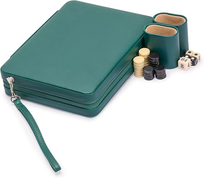 Yellow Mountain Imports Travel Size Backgammon Mini Game Set, Izmir - Magnetic Checkers and 9-inch Board in Sleek Leatherette Case - Classic Strategy Board Game