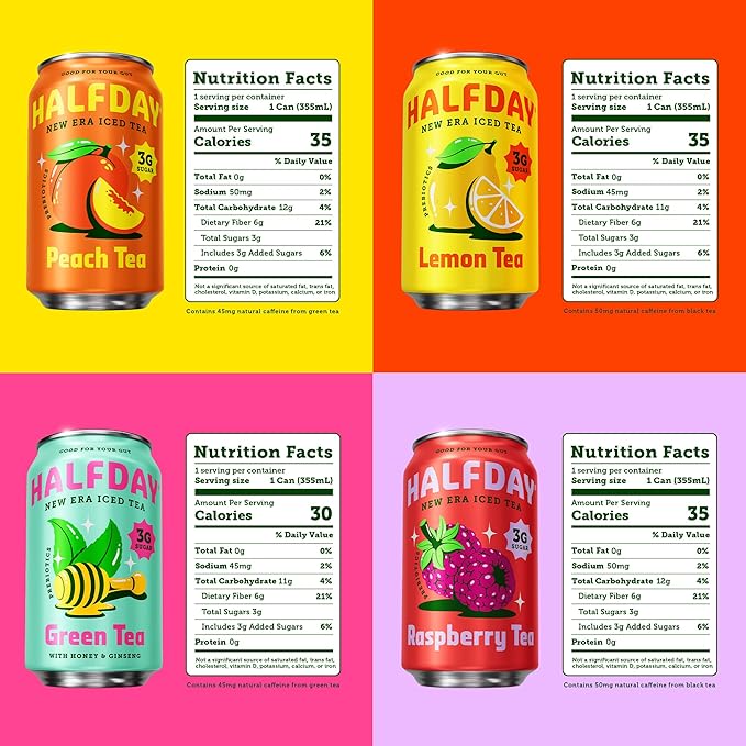 HALFDAY Prebiotic Iced Tea Lemon, Peach, Raspberry and Green Tea with Honey & Ginseng Variety Pack, Gut Health, Plant Fiber & Prebiotics, Low Sugar, 35 Calories, Natural Caffeine, 12 fl oz (12 pack) Packaging May Vary