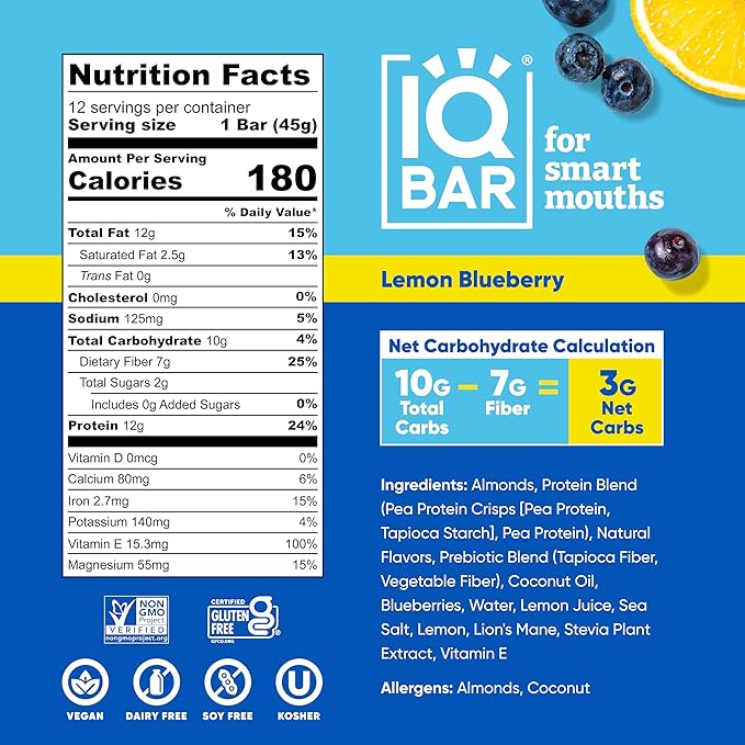 IQBAR Brain and Body Plant Protein Bars - Lemon Blueberry - 24-Count Low Carb - Gluten Free, High Fiber, Vegan Snacks - Low Sugar Meal Replacement