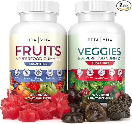 Everyday Debloat & Detox Sugar-Free Fruits and Veggies Gummies - Energy Support with Superfood Fruit and Vegetable Supplement (120 Chews) Cruelty-Free, Vegan, Gluten-Free, Fruit and Vegetable Vitamin