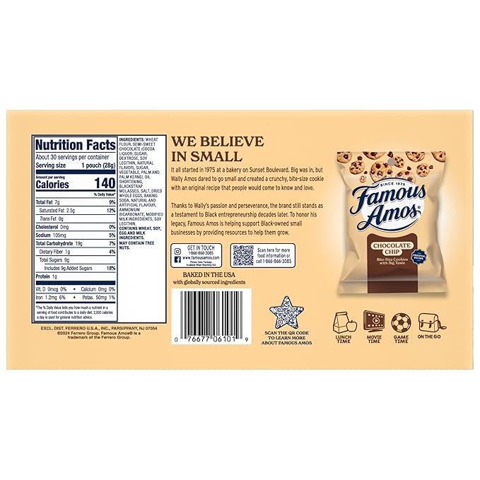 Famous Amos Original Recipe Chocolate Chip Bite-Size Cookies, 30 Pack Box, 30 oz