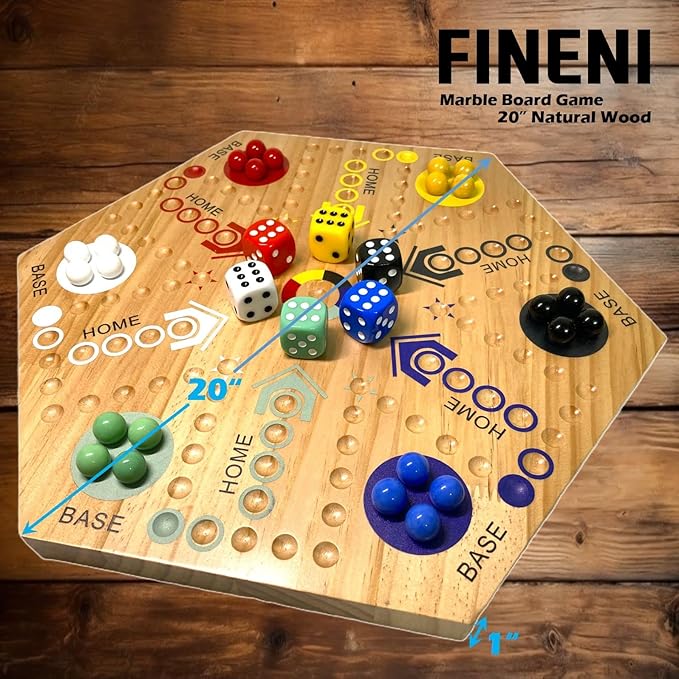 Wooden Board Games, Marble Board Game Original with Dual Sides Fast Track Games for 2 to 6 Players, Double Side Marble Boards, 6 Colors 30 Marbles and 6 Color 6 Dice, Pouch (20" Log)