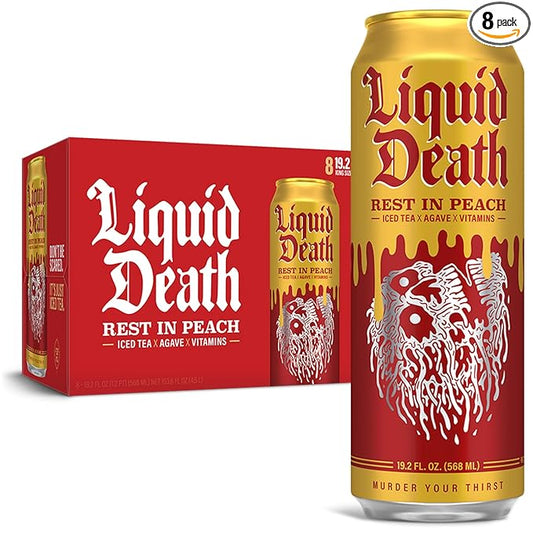 Liquid Death, Rest in Peach Iced Tea, 8-Pack (19.2oz Cans), Peach Flavored Back Tea, Low Calorie, No Artificial Sweeteners, B12 & B6 Vitamins