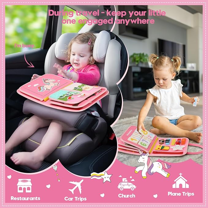 Toddler Sensory Busy Board: Travel Toy Activity Book for Girls Boys, Motor Skill Development Gift for Baby Aged 3-4 Years, Fine Educational Preschool Montessori Learning Toy for Car Airplane Unicorn