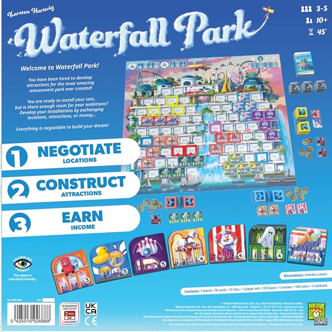 Waterfall Park Board Game - Build The Ultimate Amusement Park! Strategy Game, Fun Family Game for Kids and Adults, Ages 10+, 3-5 Players, 45 Minute Playtime, Made by Repos Production