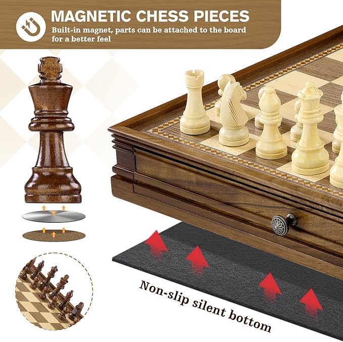 Peradix Magnetic Chess Checkers Board Sets with 2 Built-in Storage Drawers,15" Classic 2 in 1 Wooden Games with 2 Extra Queens for Kids and Adults,Travel Portable Chess Game Set